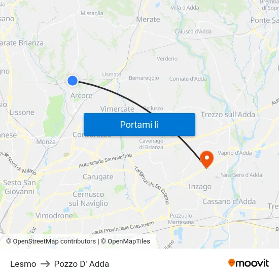 Lesmo to Pozzo D' Adda map