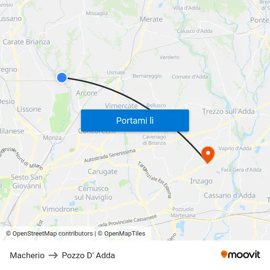 Macherio to Pozzo D' Adda map