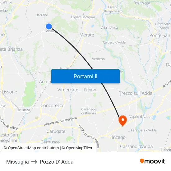 Missaglia to Pozzo D' Adda map