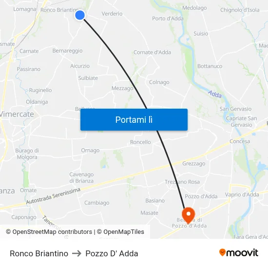 Ronco Briantino to Pozzo D' Adda map