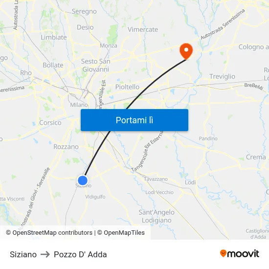 Siziano to Pozzo D' Adda map