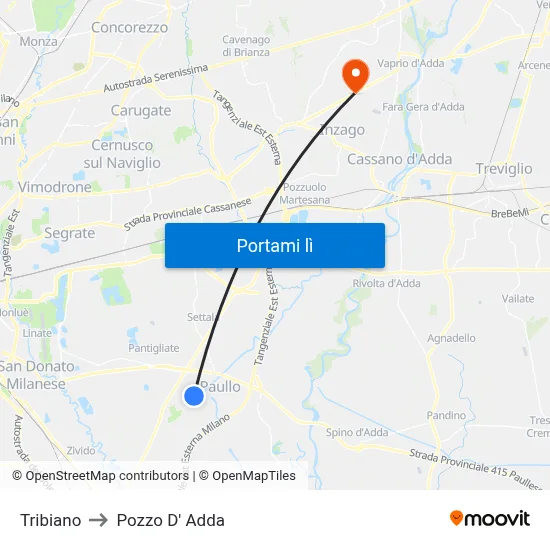 Tribiano to Pozzo D' Adda map
