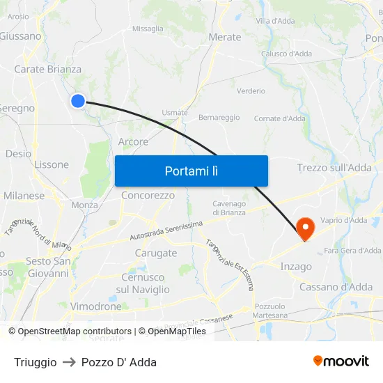 Triuggio to Pozzo D' Adda map