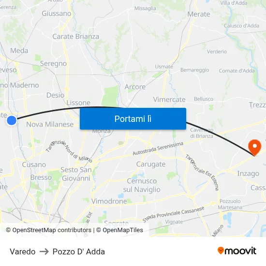 Varedo to Pozzo D' Adda map