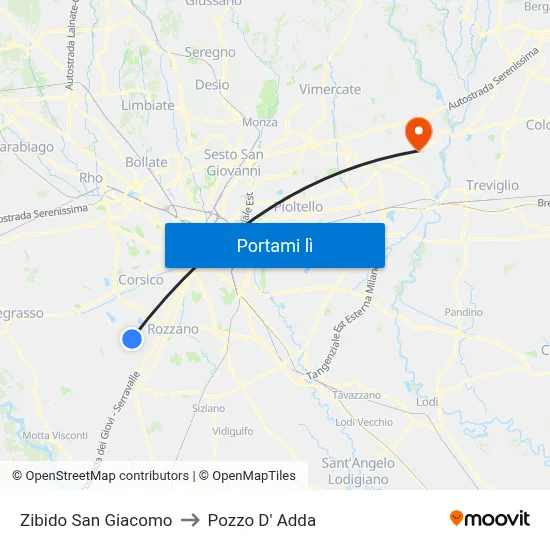 Zibido San Giacomo to Pozzo D' Adda map