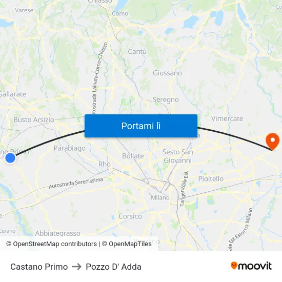 Castano Primo to Pozzo D' Adda map