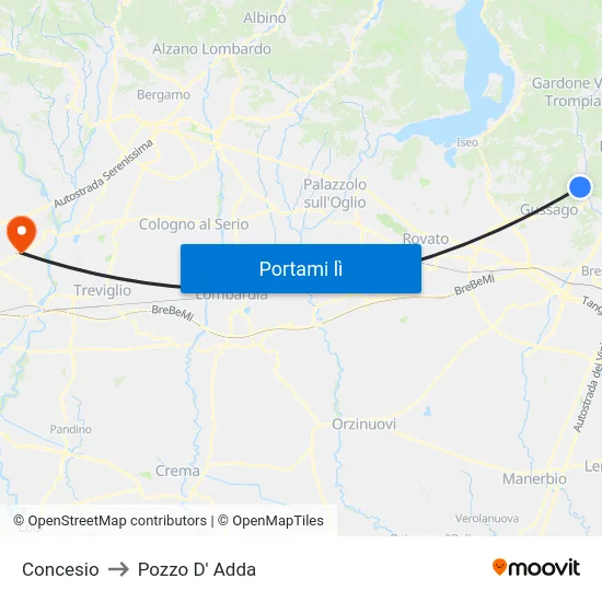 Concesio to Pozzo D' Adda map