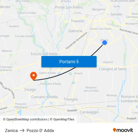 Zanica to Pozzo D' Adda map