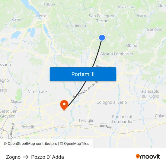 Zogno to Pozzo D' Adda map
