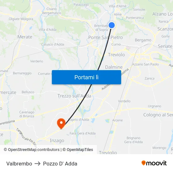 Valbrembo to Pozzo D' Adda map