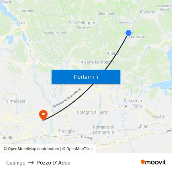 Casnigo to Pozzo D' Adda map