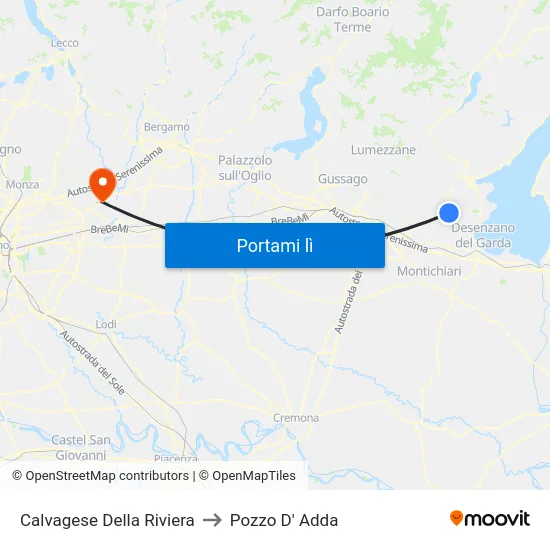 Calvagese Della Riviera to Pozzo D' Adda map