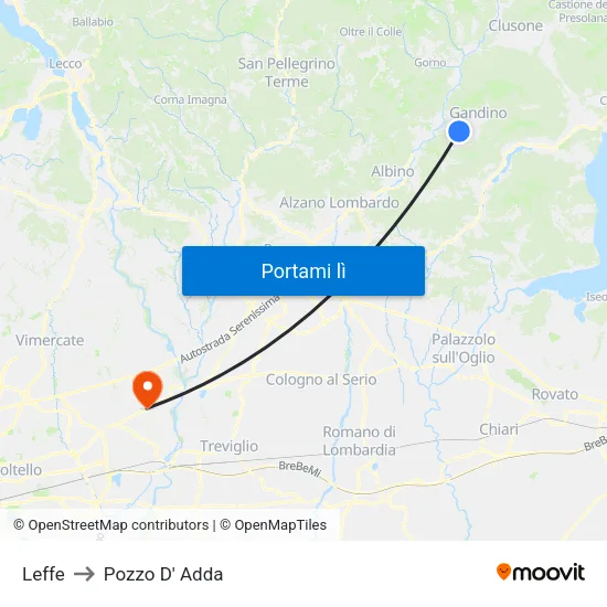 Leffe to Pozzo D' Adda map