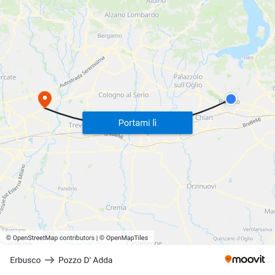 Erbusco to Pozzo D' Adda map