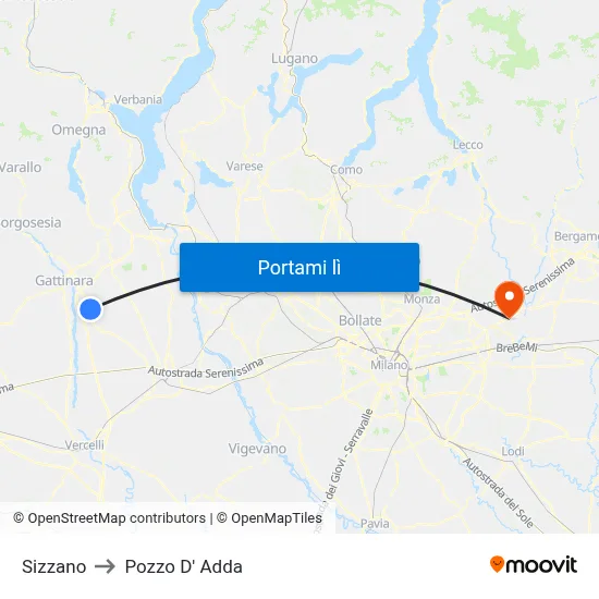 Sizzano to Pozzo D' Adda map