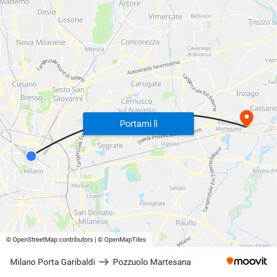 Milano Porta Garibaldi to Pozzuolo Martesana map