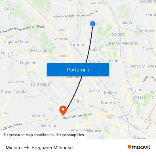 Misinto to Pregnana Milanese map