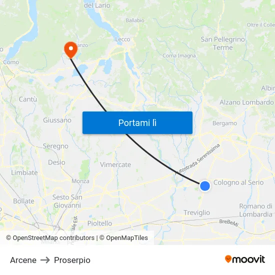 Arcene to Proserpio map