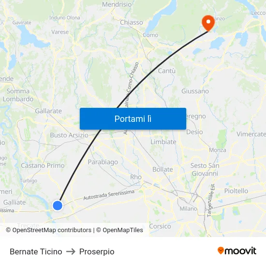 Bernate Ticino to Proserpio map
