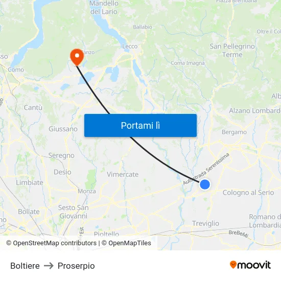 Boltiere to Proserpio map
