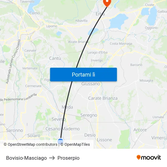 Bovisio-Masciago to Proserpio map