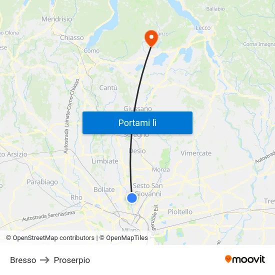Bresso to Proserpio map