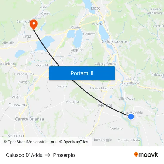 Calusco D' Adda to Proserpio map