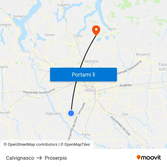 Calvignasco to Proserpio map