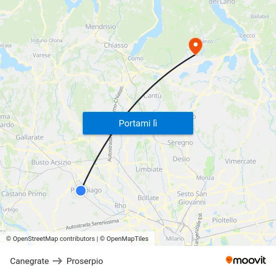 Canegrate to Proserpio map