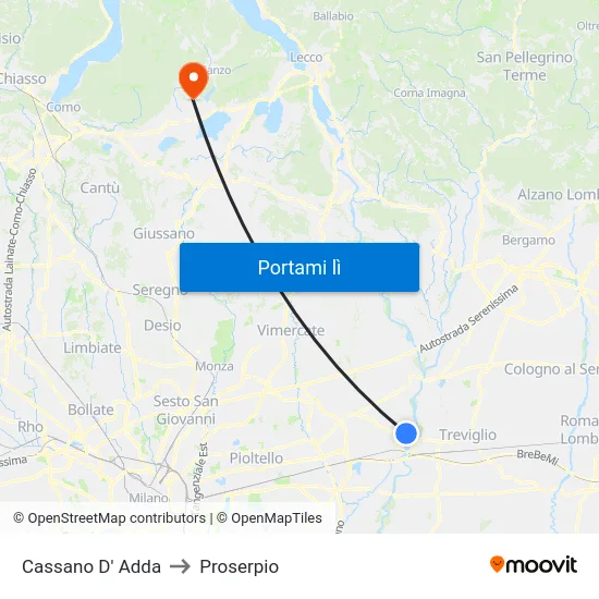 Cassano D' Adda to Proserpio map