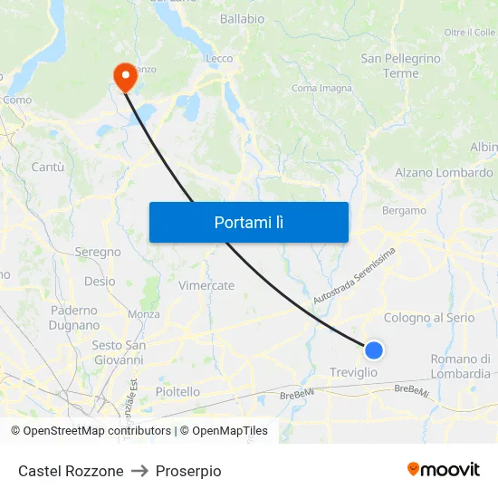 Castel Rozzone to Proserpio map