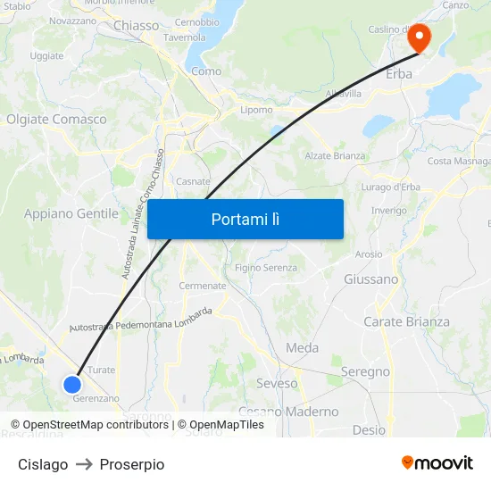 Cislago to Proserpio map