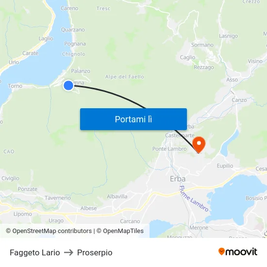 Faggeto Lario to Proserpio map