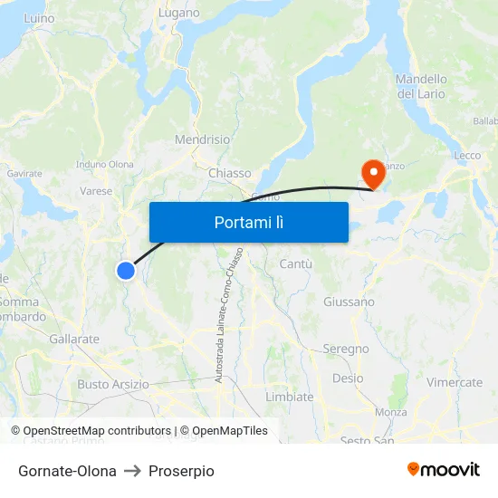Gornate-Olona to Proserpio map