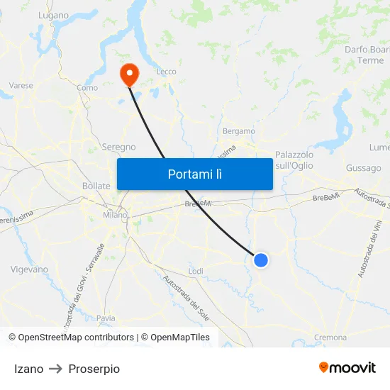 Izano to Proserpio map