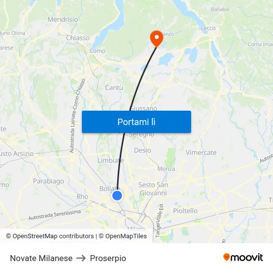 Novate Milanese to Proserpio map