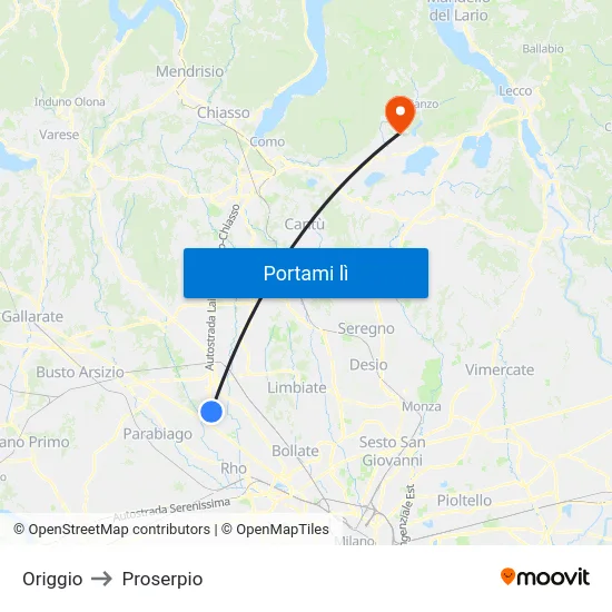 Origgio to Proserpio map