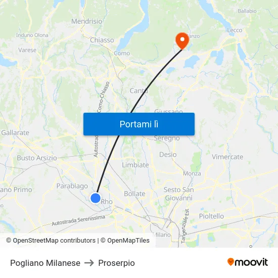 Pogliano Milanese to Proserpio map
