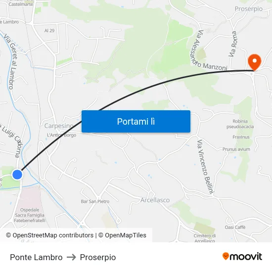 Ponte Lambro to Proserpio map