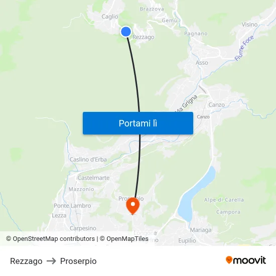 Rezzago to Proserpio map