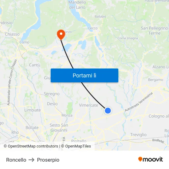 Roncello to Proserpio map