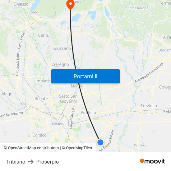 Tribiano to Proserpio map
