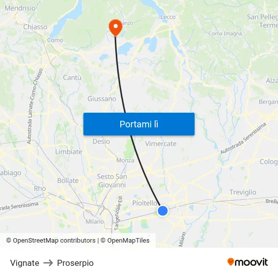 Vignate to Proserpio map