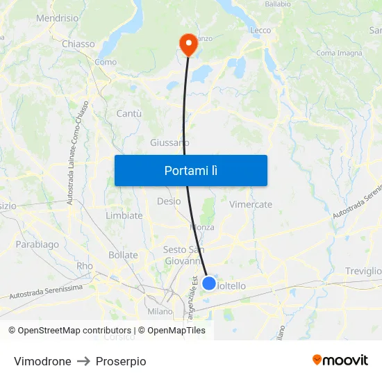 Vimodrone to Proserpio map