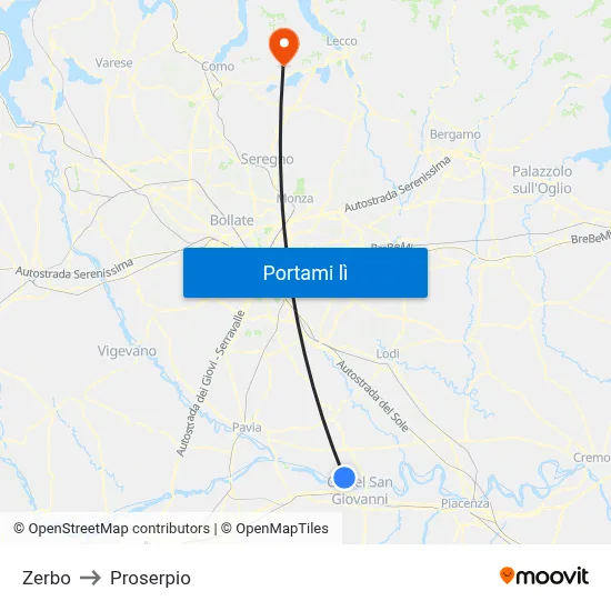 Zerbo to Proserpio map