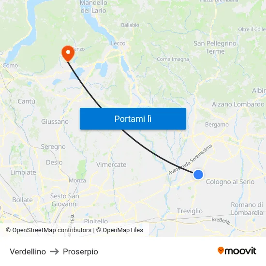 Verdellino to Proserpio map