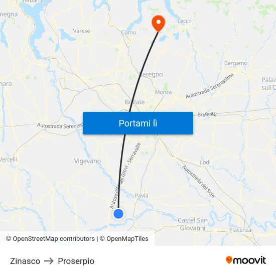 Zinasco to Proserpio map