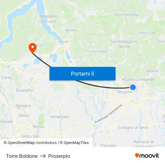 Torre Boldone to Proserpio map