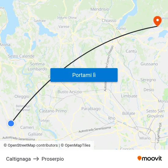 Caltignaga to Proserpio map