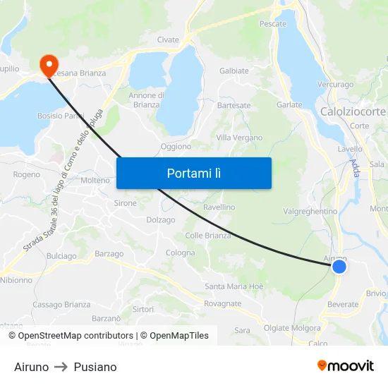 Airuno to Pusiano map